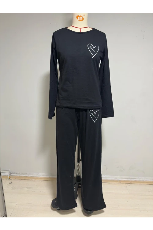 Kalp Baskı Uzun Kollu Pijama Takım