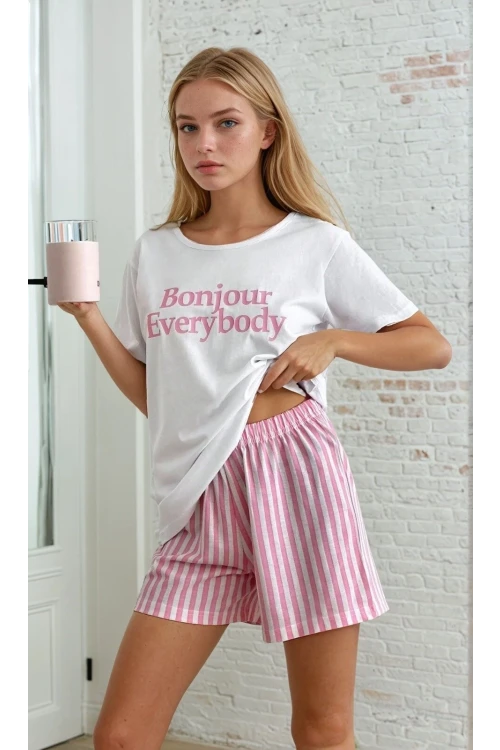 Kısa Kollu Şortlu Pijama Takımı Pembe