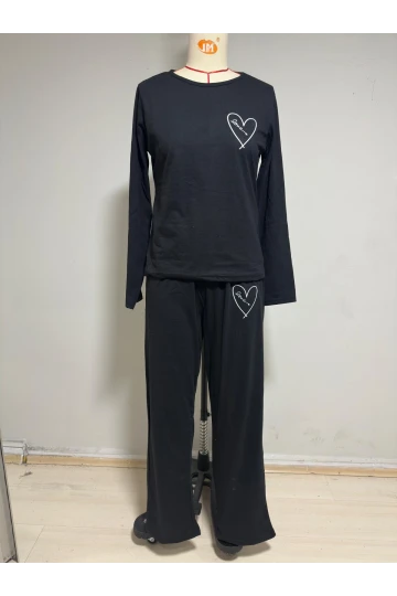 Kalp Baskı Uzun Kollu Pijama Takım